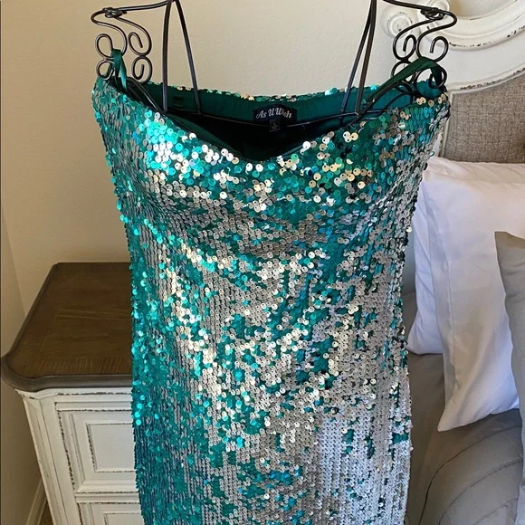 As U Wish Teal & Silver Sequin Slip Dress - Picture 3 of 12